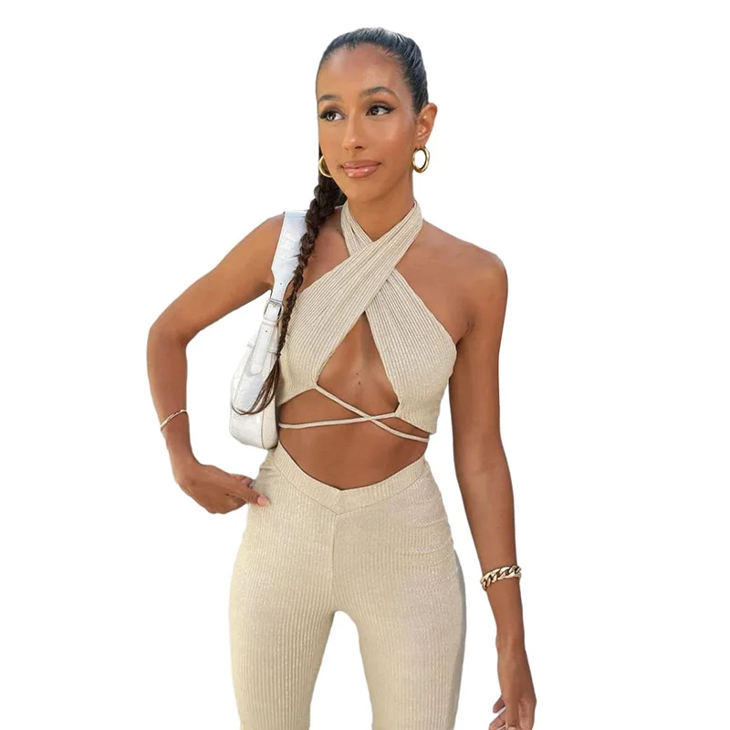 

Party Women Summer Pants Suits Solid Color Bandage Halter Tube Top high Waist Pencil Pant Elegant Streetweat Female Outfits 2021