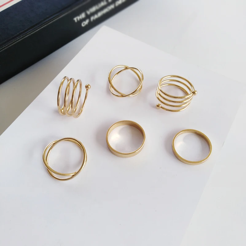 

5 PCS Per Set Rings Hot Selling Trendy Jewelry Metal Thin Wire Hollow Golden Plating Color Finger Ring For Women Girl Party Gift
