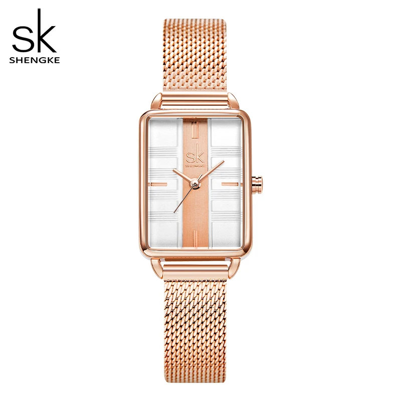 

Shengke New Women Watches Luxury Rosegold Mesh Band Rectangle Dial Japanese Quartz Movement Montre Femme Relogio Feminino