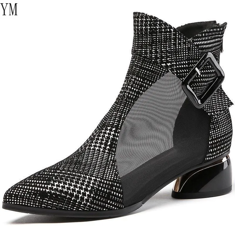 

Женские босоножки на высоком каблуке, летние сетчатые сандалии с пряжкой и кружевом, размеры до 43, 2021