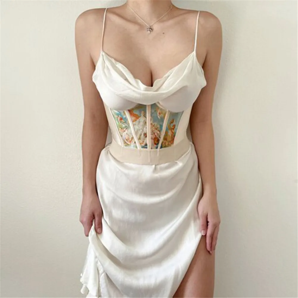 

Women Satin Sling Dress Summer Sexy Bandage Backless White Slim Strap Long Dresses Elegant Party Gown Female Clothing 2021