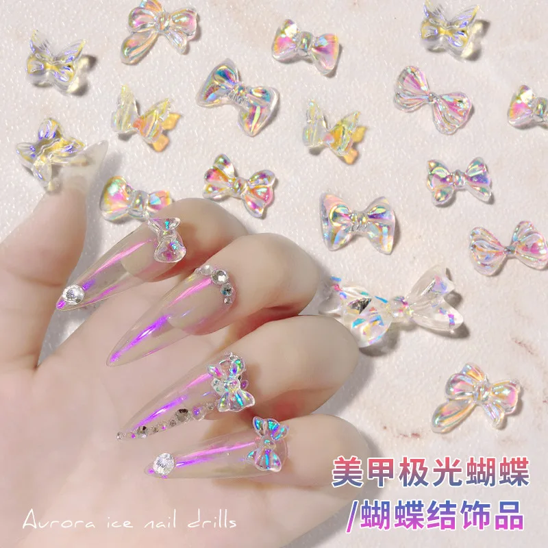

50pcs 8mm Nail Charms Wheel of 24pcs Resin & Rhinestones Nail Art Decoration Bow Aurora Bow Colorful 3-dimensional Butterfly,