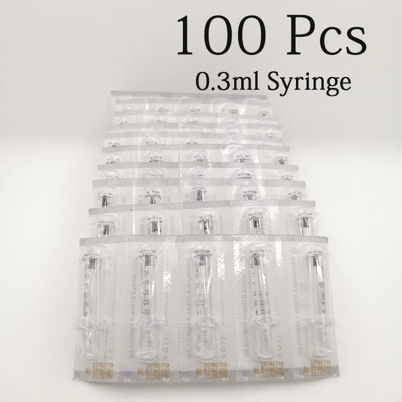 100pcs 0.3ml Syringe 50 шт. одноразовые 0,3 мл ампульная головка шприца и 50 шт. иглы для гиалуроновой кислоты ручка распылитель водный шприц против старения морщин - Номер модели: 100pcs 0.3ml Syringe