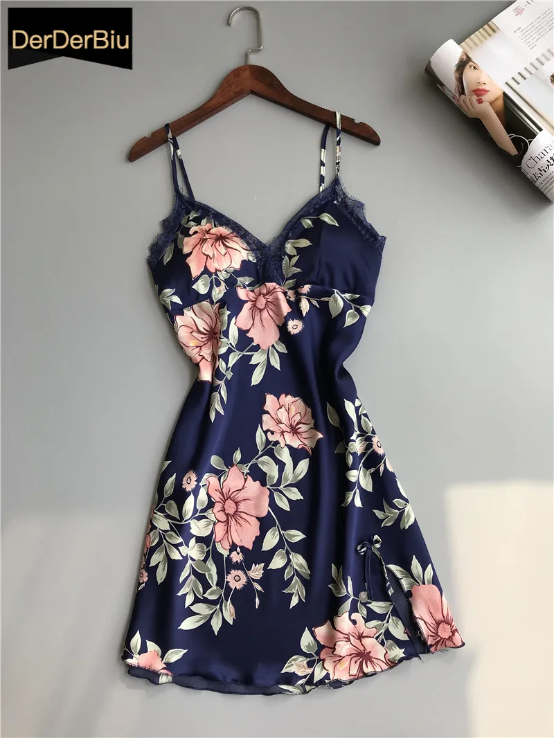 

Ins Style Women Nightgown Sweet Printed Flower Ladies Sling Skirt Sleepdress Silk Satin Thin Female Loose Summer Homewear