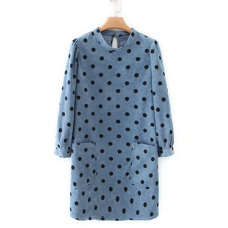 Платье в горошек с круглым вырезом элегантное вельветовое платье карманами и