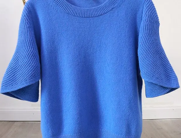 

2021 Women Sweater Fall New Blue Wild Round Neck Pullover Short-sleeved Lazy Knitted Sweater