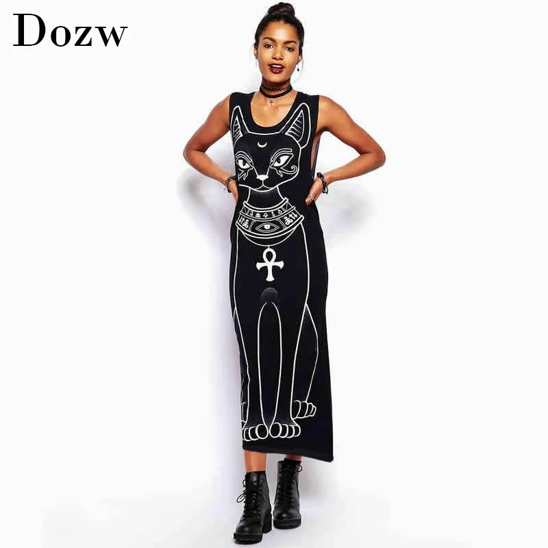 Женское длинное платье макси облегающее вечернее с принтом кошки Элегантная