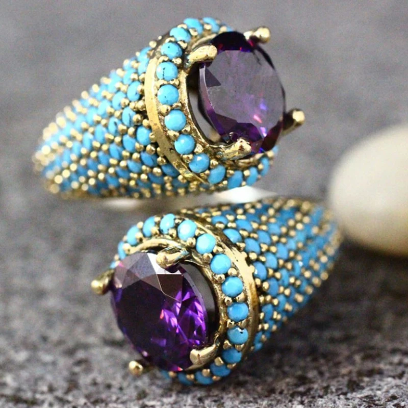 

Vintage Elegant Female Amethyst Stone Turquoise Ring Casual Party Wedding Engagement Resizable Design Ring Jewelry