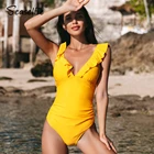 SEASELFIE однотонный желтый слитный купальник с V-образным вырезом и оборками, Женский Монокини, купальник 2022, сексуальный пляжный купальный костюм на шнуровке, пляжная одежда