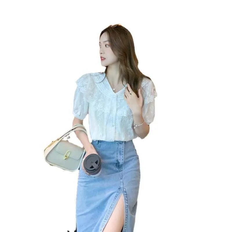 

2021 Summer New Chiffon Top Harajuku Flannel Gothic Shirt Women's Dress Short Sleeve Lace Blouse Women Boho Clothing Cardigan