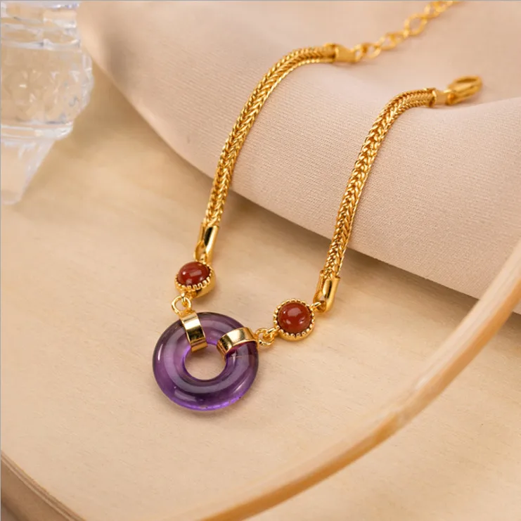 

Three-dimensional design inlaid natural Hetian chalcedony purple adjustable bracelet exquisite Chinese women's jewelry