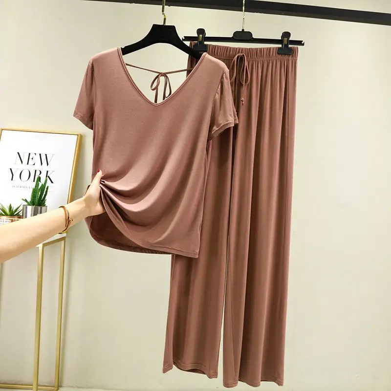 Summer New Modal V-neck Backless Pajamas Women's Wide Leg Pants Large Short Sleeve Home Suit Lady Sleepwear Female Nightwear