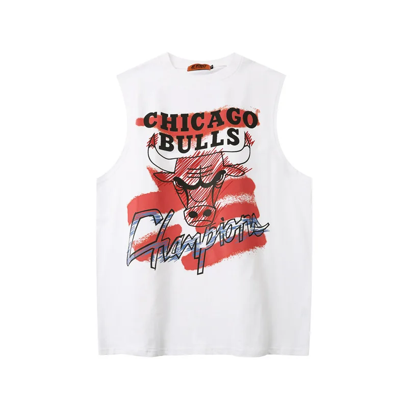 

Chicago Bull Head Printted Waistcoat Men's Popular Ins High Street Hip Hop Sleeveless T-shirt Basketball Sports Loose Waistcoat