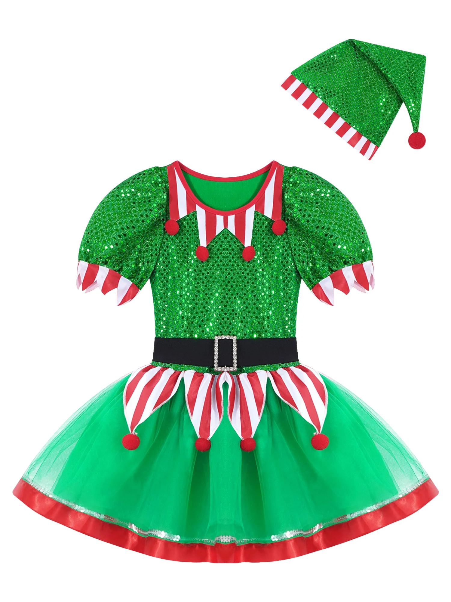 

Girls Christmas Cosplay Elf Costumes For Girls Dress Sequins Pompoms Adorned Mesh Tutu Dress With Hat kids cospaly costumes