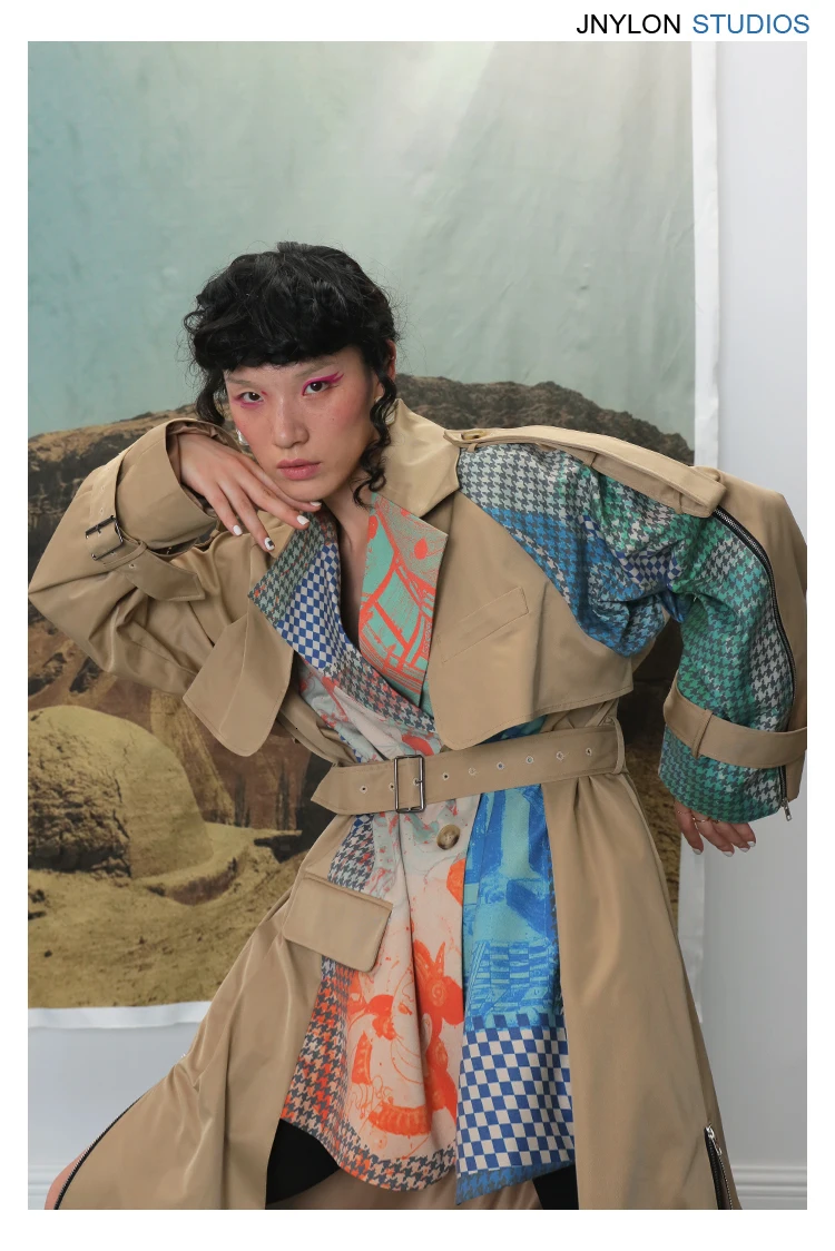 DEAT Autumn And Winte Turn-down Collar Patchwork Printed Maps Batwing Sleeves Waist Belt Female Trench Coat Loose WJ27004L