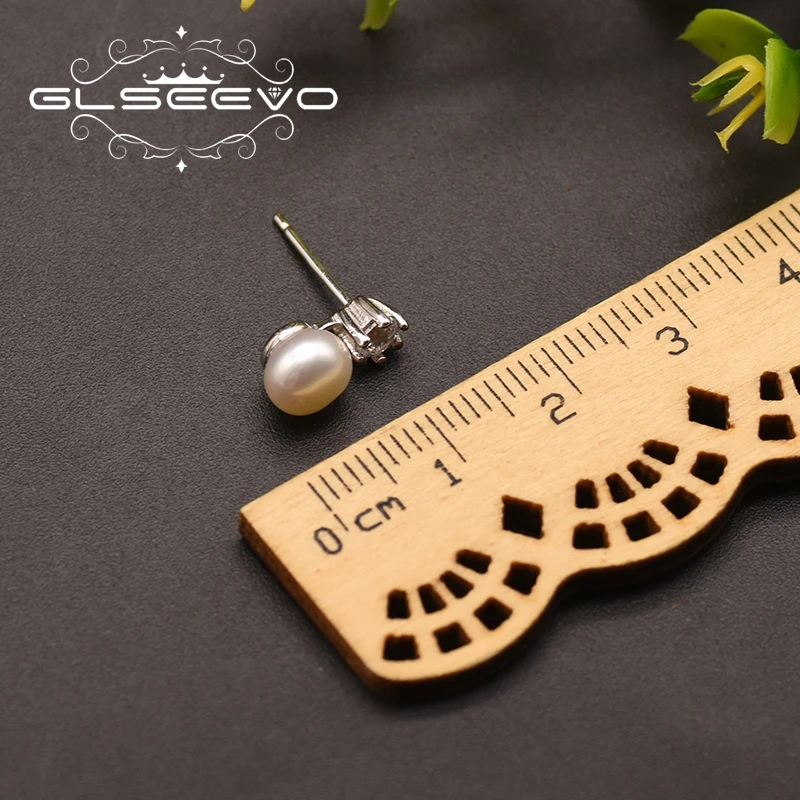 GLSEEVO Silver 925 Fresh Water White Pearl Zircon Earrings For Women Luxury Engagement Gift Handmade Regalos Para Mujer GE0864