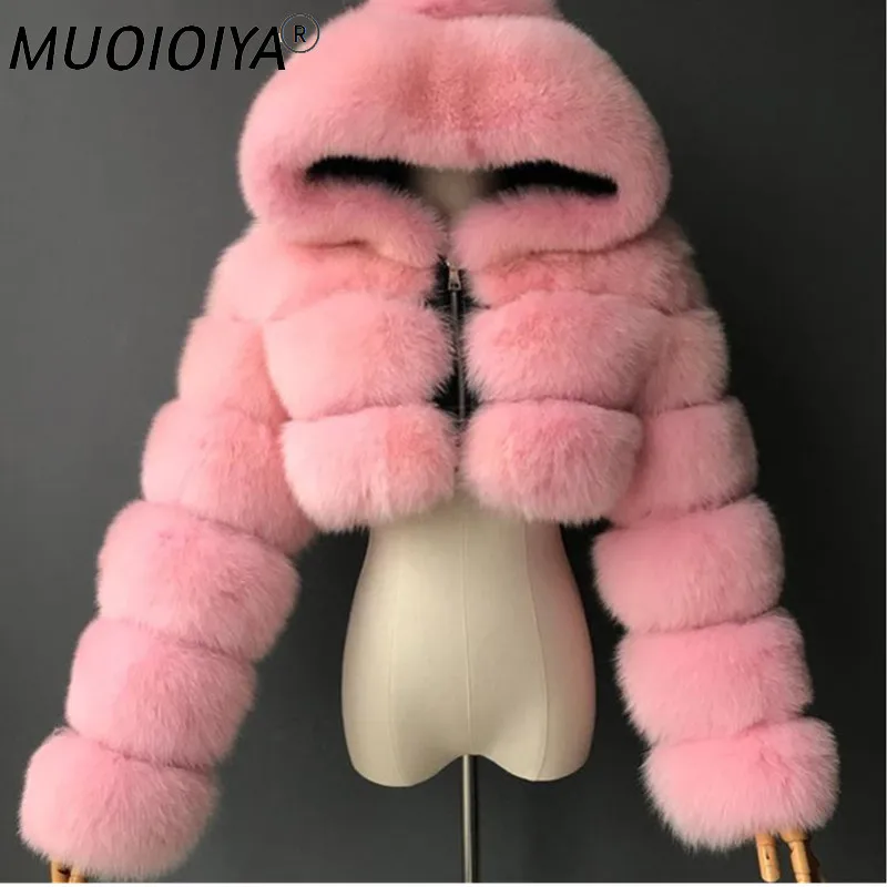 

2022 New Winter Faux Fur Coat Women Solid Hooded Fur Collar Zipper Faux Fox Fur Jacket Thick Warm Fashion Short Outerwear Female