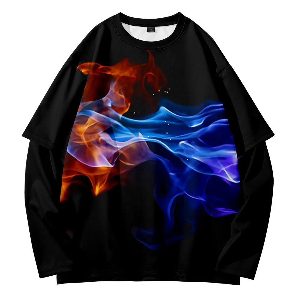 

Light effect special effects summer retro trend street style fashion round neck fake two-piece sweater