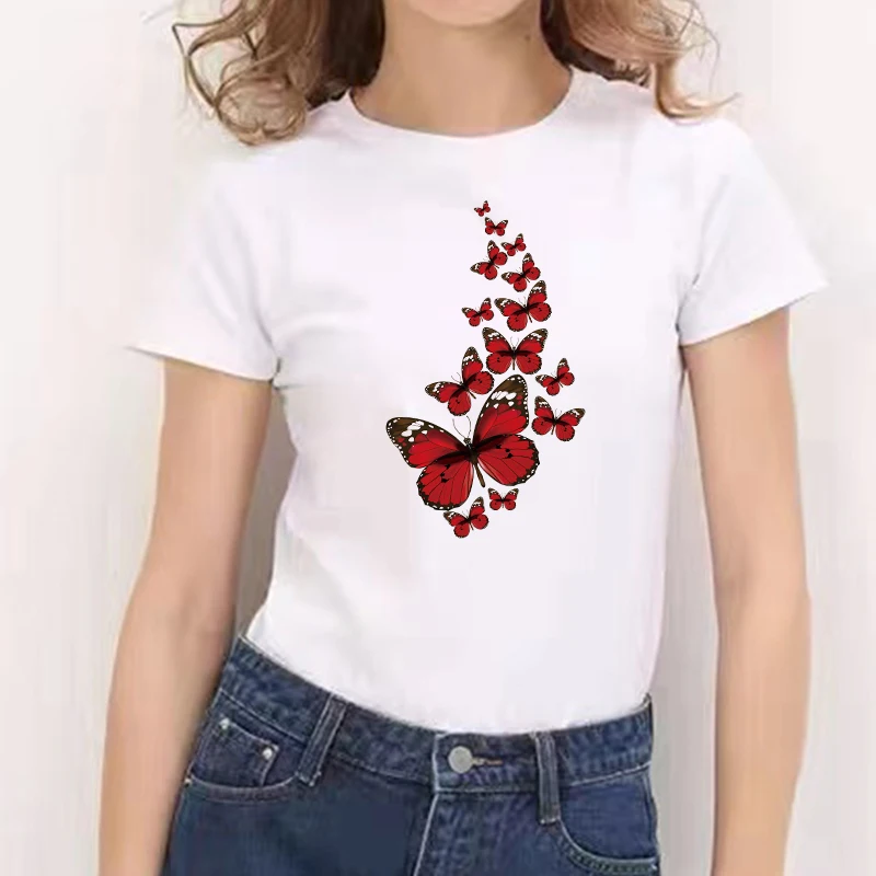 2021 Summer Butterfly  Short Sleeve T-shirts Top T Shirt Ladies Womens Graphic Tee  O-neck Cheap Tee Casual Clothes Top Female