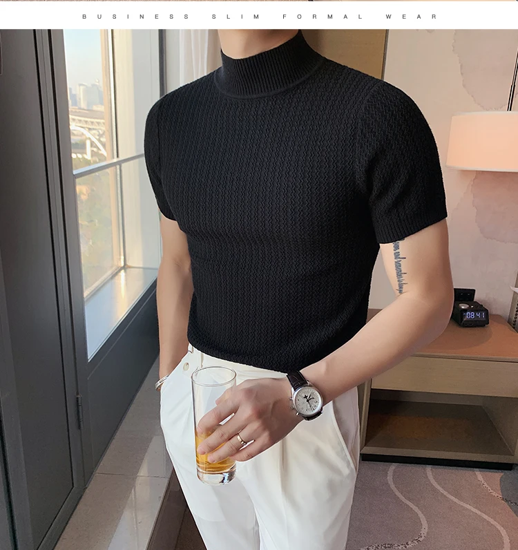 Autumn New Short Sleeve Knitted Sweater Men Tops Clothing 2022 All Match Slim Fit Stretch Turtleneck Casual Pull Homme Pullovers
