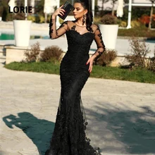 LORIE Vestidos de Noche de sirena de encaje negro, manga larga, Vintage 2020, apliques de cuentas, tren de barrido, vestidos formales de fiesta de graduación de talla grande (3)