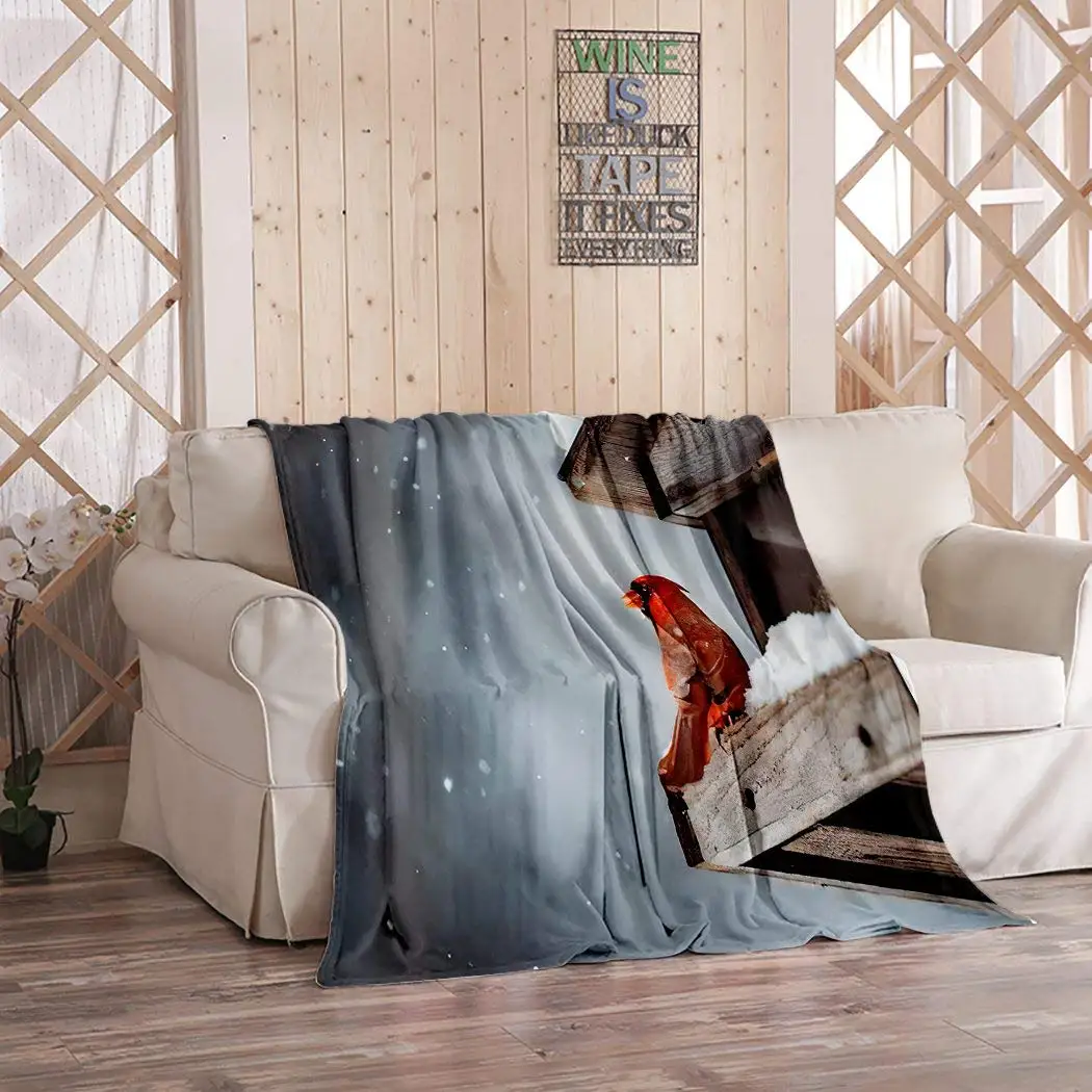 

Colorful Throw Blanket Red Cardinal Perched on A Snow Feeder Sheltered by Wooden Roof Home Soft Flannel Cozy Warm