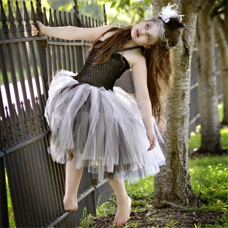 

Girls Princess Grey Party Mesh Dresses Kids Halloween Cosplay Costume Role Play Dress Up Outfit Child Pretend Game Birthday Suit