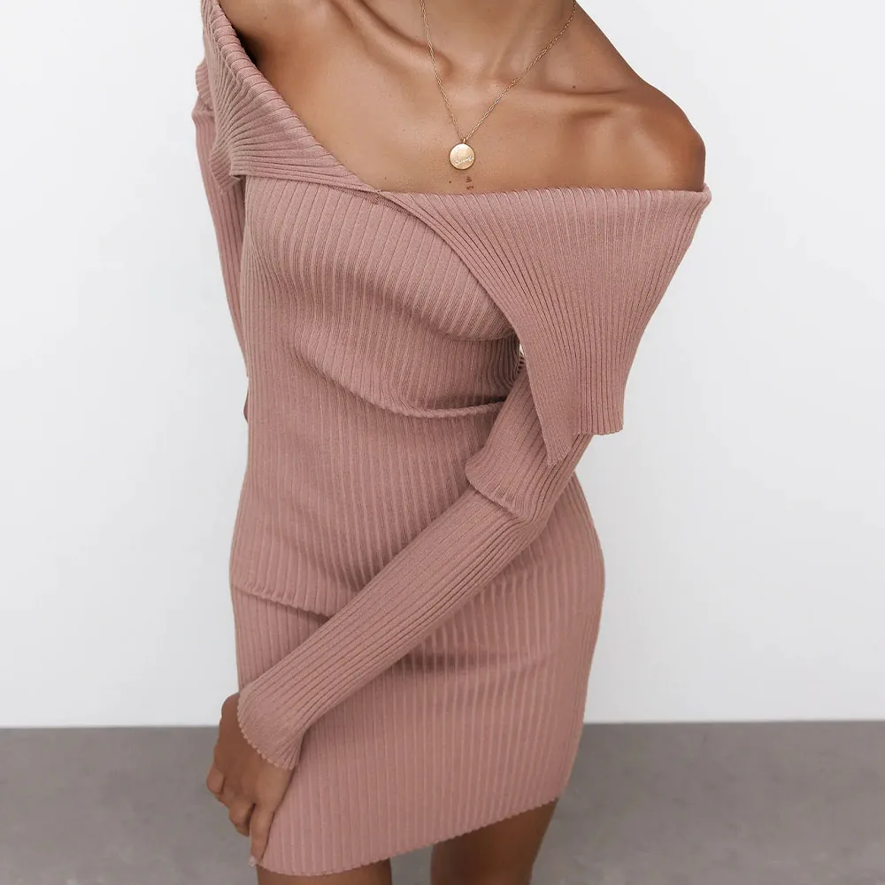 

2021 Spring New Sexy off-the-shoulder dress a Long - sleeved big V neck women dress