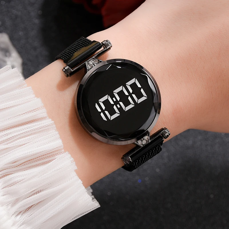 Luxury Digital Magnet Watches For Women Rose Gold Stainless Steel Dress LED Quartz Watch Female Clock Relogio Feminino Drop Ship | Наручные