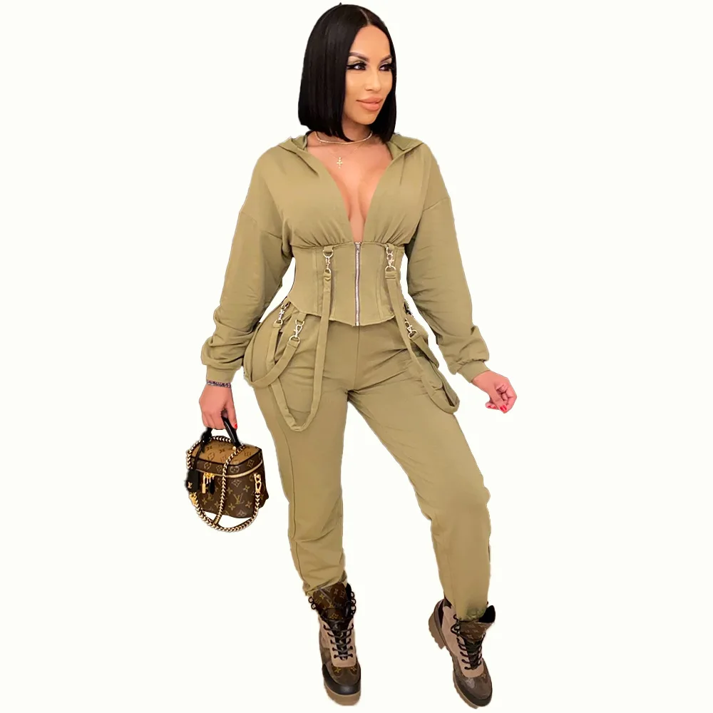 

UETEEY Casual Women Tracksuit Two Pieces Set String Loop Hooded Top Long Pants 2 Pieces Set Sports Suit Solid Outdoor Wear