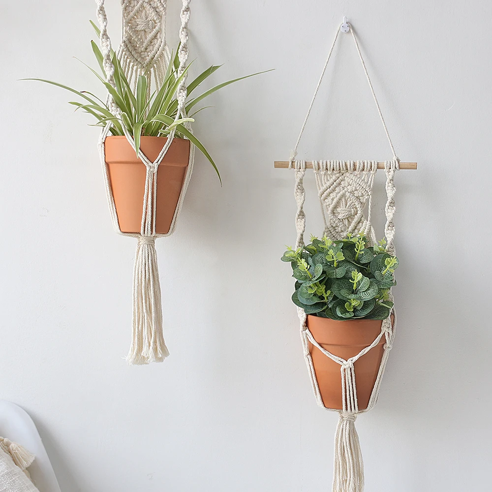 

2 Pack Boho Macrame Plant Hanger Home Decor Indoor Outdoor Hanging Planter Basket with Wood Beads Decorative Flower Pot Holder