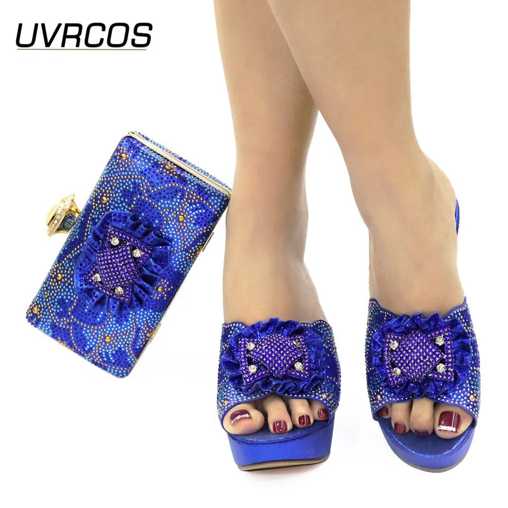 

Italian Design Newest Royal Blue Color Elegant Women Shoes and Bag With Sepcial Comfortable Style Colorful Crystal Decoration