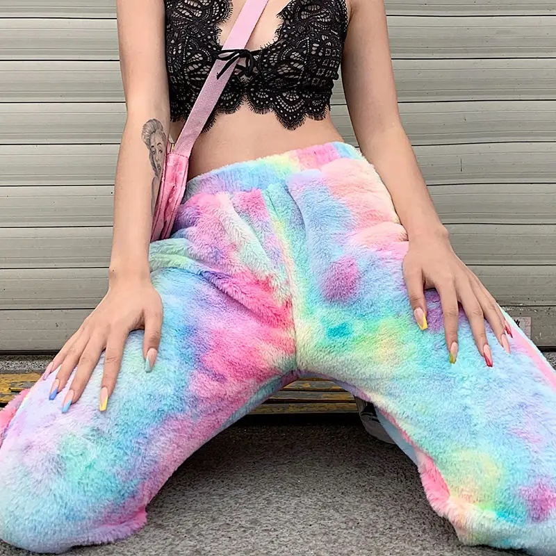 Женские зимние радужные брюки шерпа флисовые Harajuku модная уличная одежда теплые