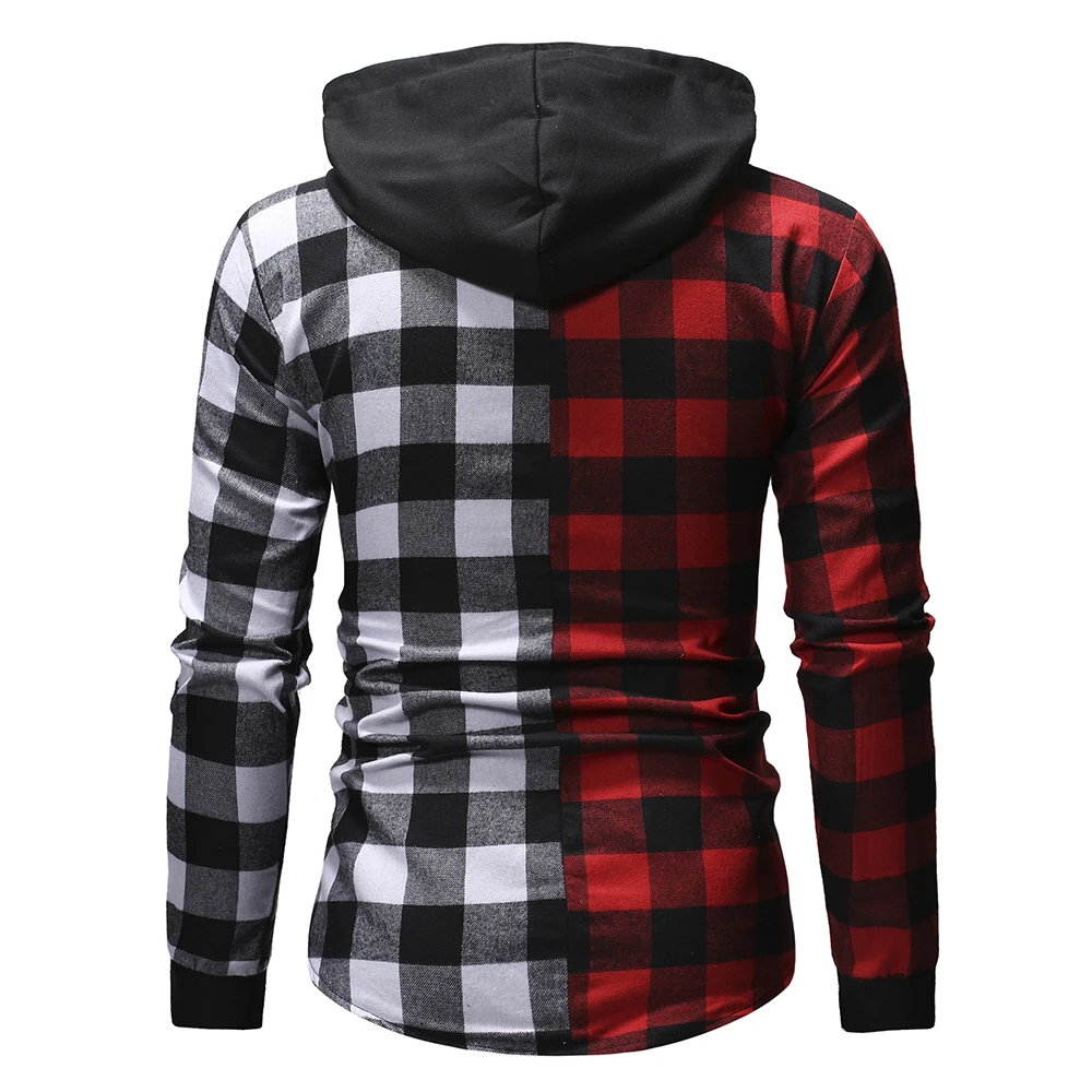 

Men Two Tone Buffalo Plaid Hooded Shirt Spring Autumn Long Sleeve Spliced Overshirt Casual Slim Fit Men Shirts
