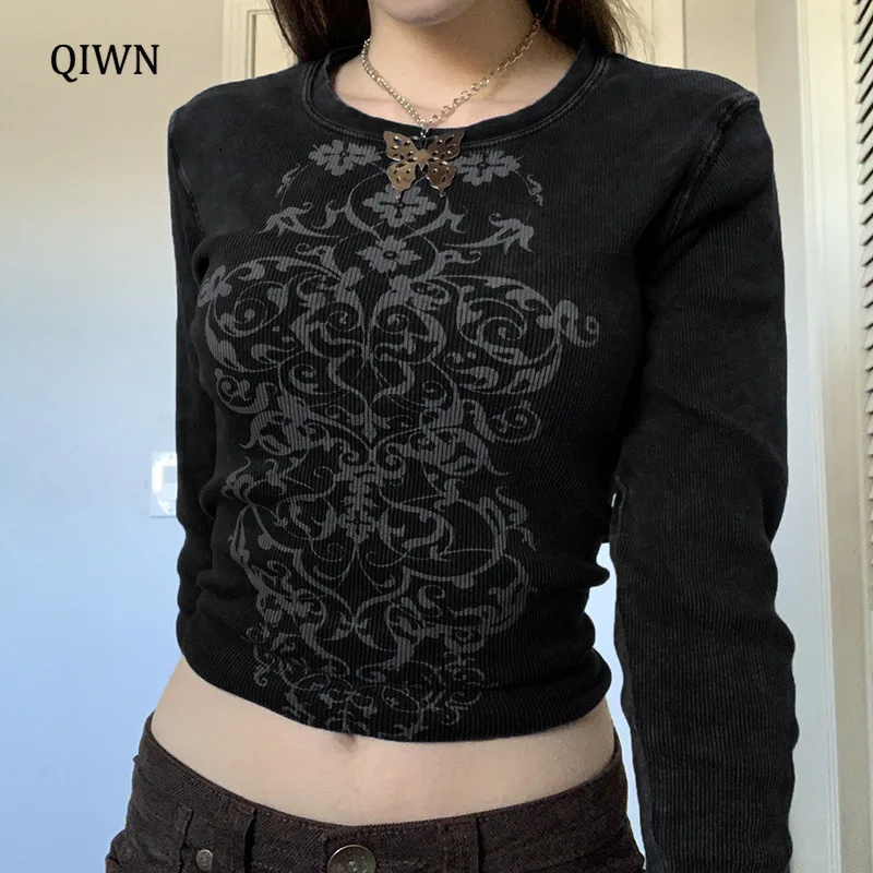 

Goth Vintage Floral Print T-shirts Aesthetic Black Sexy O Neck Long Sleeve Tops Y2K Grunge Punk Women Autumn Baby Tees