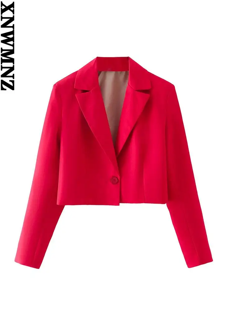 

XNWMNZ Women 2022 fashion single button cropped blazer vintage long sleeve female outerwear chic veste femme autumn coat women