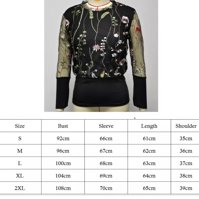 Женская сетчатая прозрачная блузка с цветочной вышивкой Топ длинным рукавом