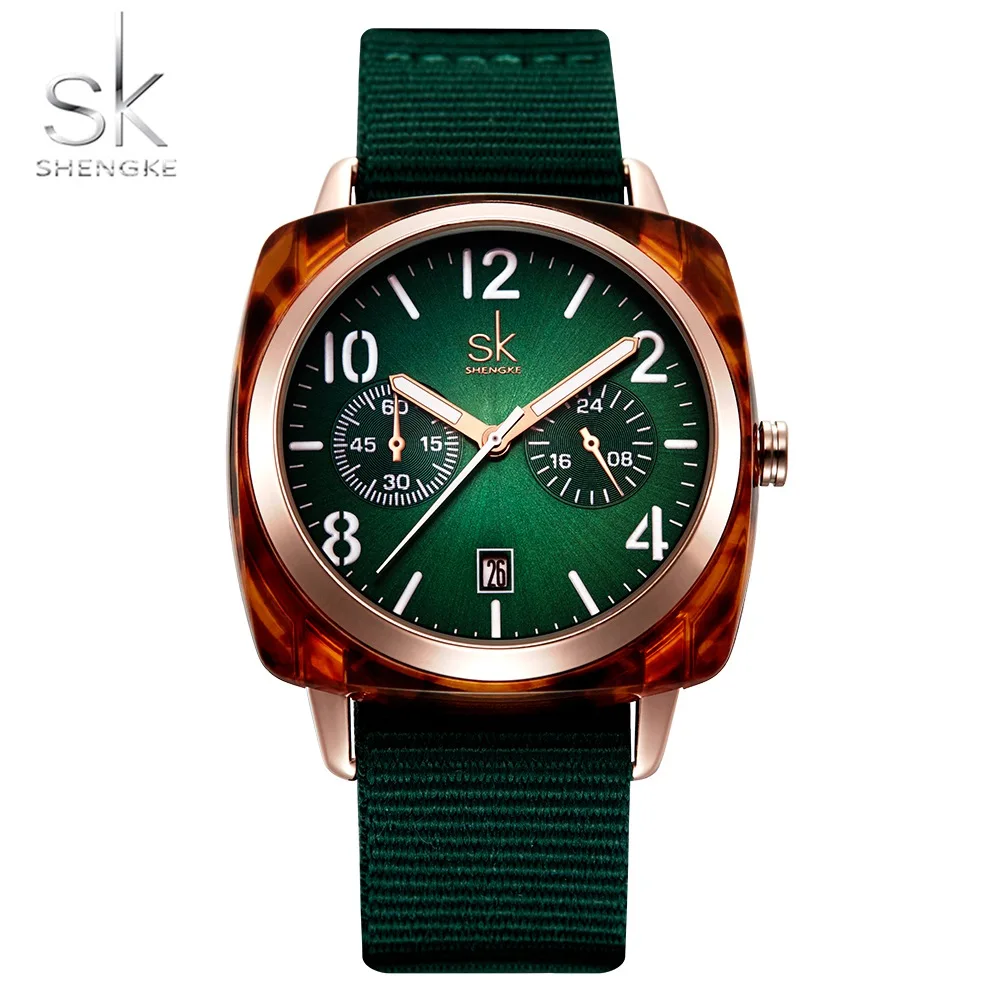 

Shengke Green Women Watches Dresses Nylon Belt Lady Watch Fashion Quartz Wristwatch For Womens Sport Clock Relogio Feminino