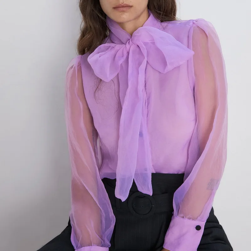 Прозрачная женская блузка Осень 2019 Новая мода фиолетовый органза лук воротник