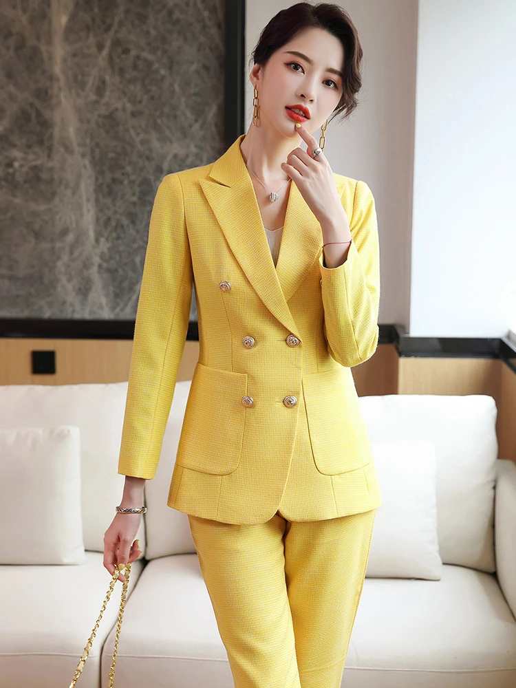 

Официальная форма дизайнерские брючные костюмы с брюками и куртками пальто элегантная Желтая Женская деловая рабочая одежда блейзеры OL style