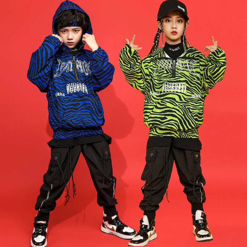 

Boys Street Dance Striped Hoodies Cargo Pants Girls Hip Hop Sweatshirts Sets Kids Hooded Pullover Teenage Costumes Child Clothes