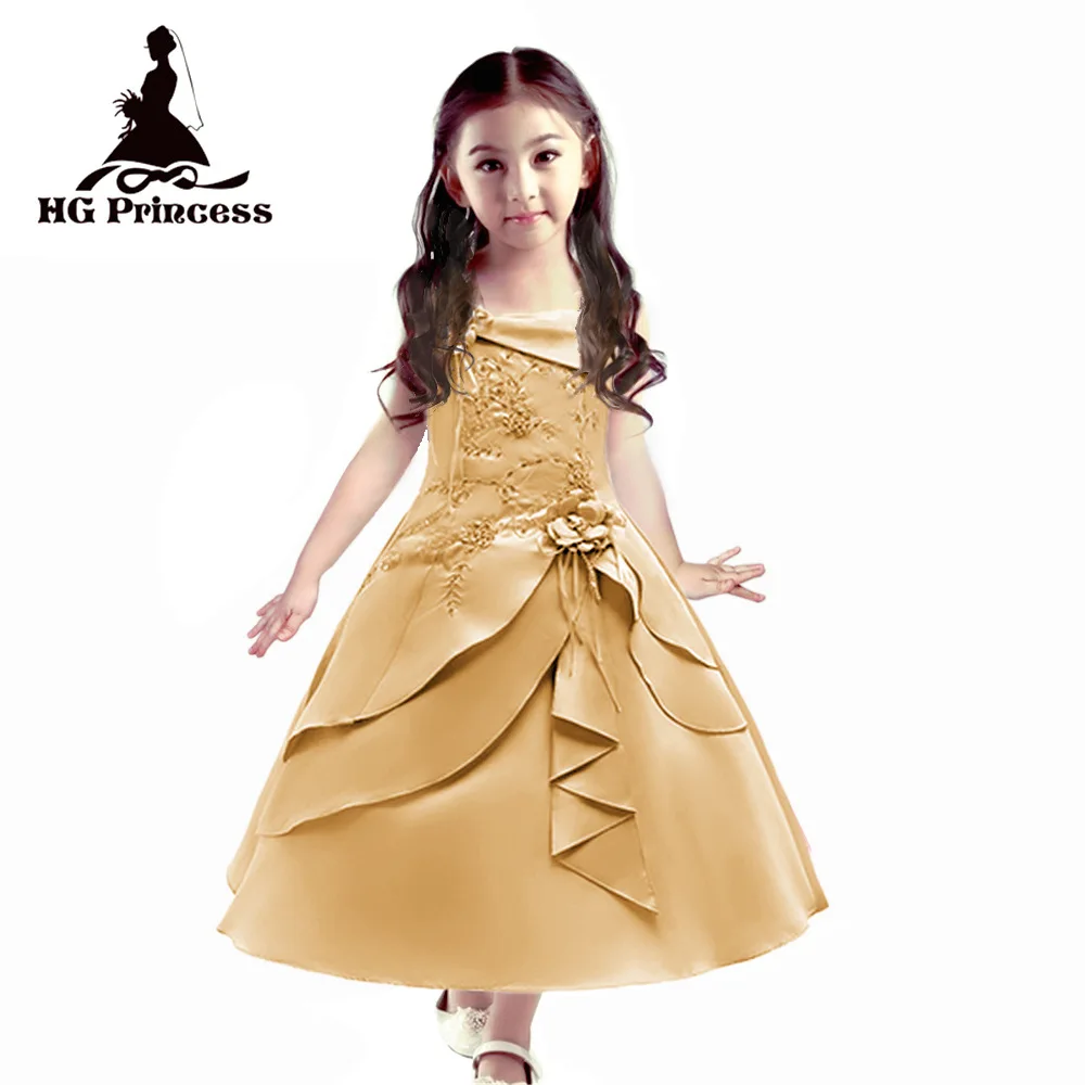 

good selling satin embroidered Kids wedding dresses Princess ball gown for girls beaded Ankle-Length Flower Girl Dresses 1545