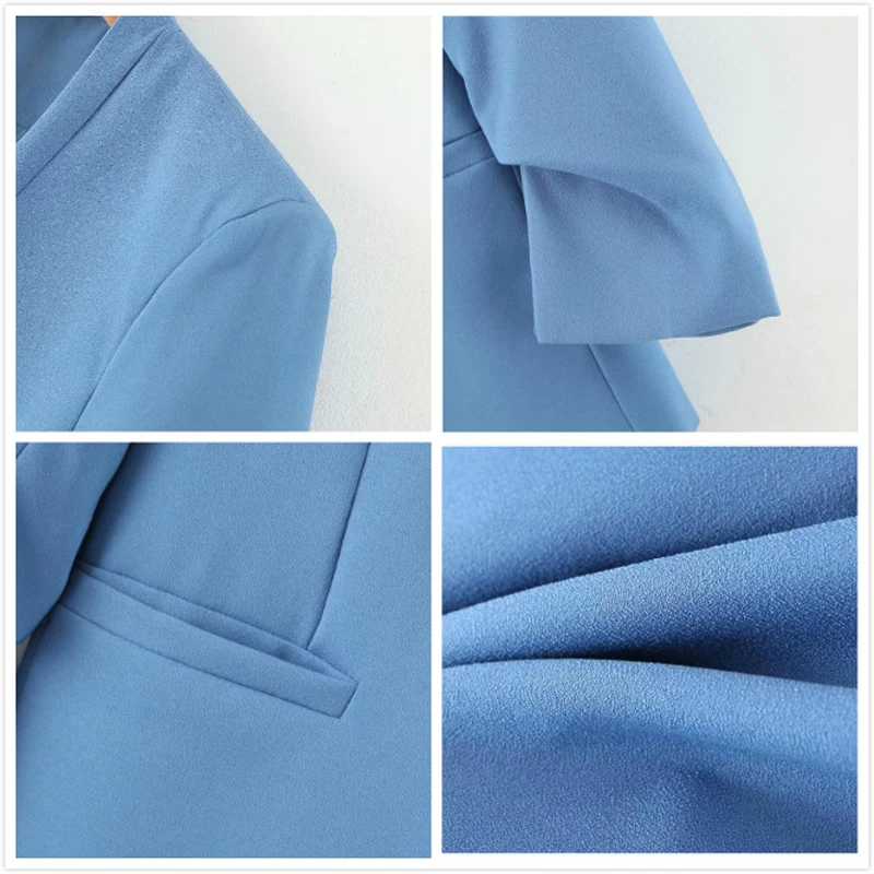 Женский офисный костюм из двух предметов синий пиджак с V образным вырезом и