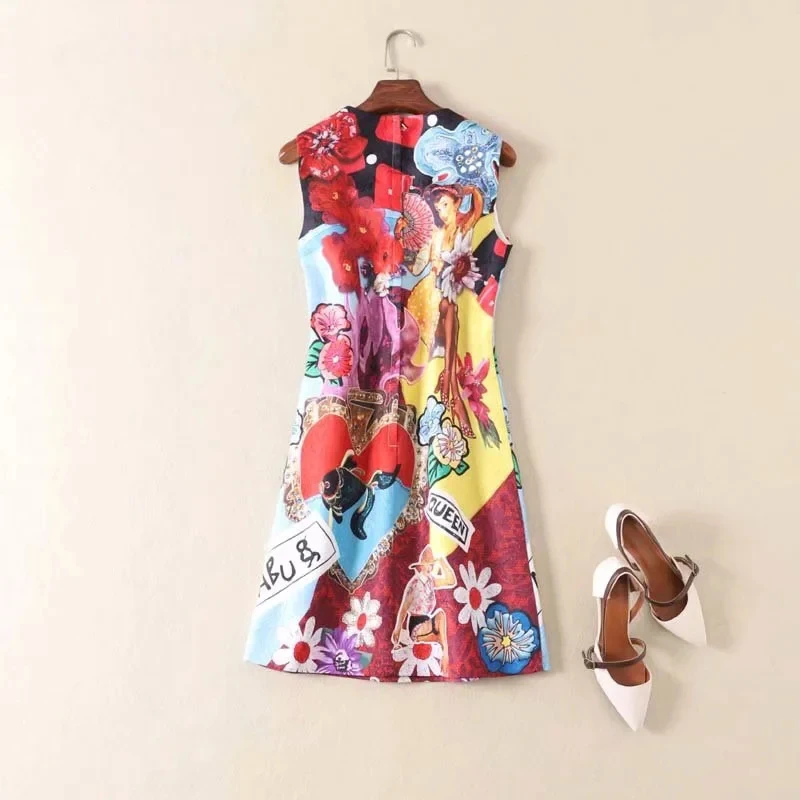 

Women Sleeveless O-Neck Fashion Mini Dress Diamond Print Casual Dress