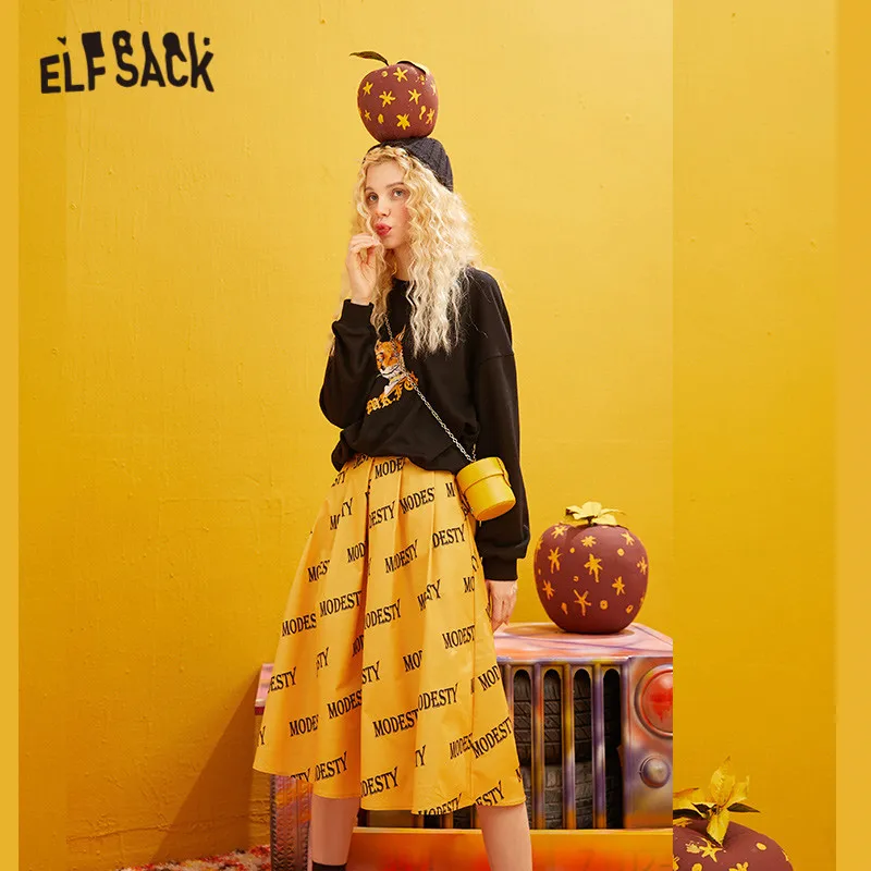 ELFSACK черные одноцветные с принтом лисы повседневные женские подходящие