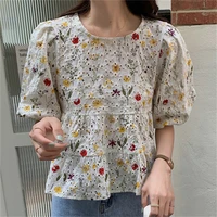alien kitty korean cotton florals puff sleeve 2021 femme chic high waist printing loose comfortable summer sweet pullover shirts