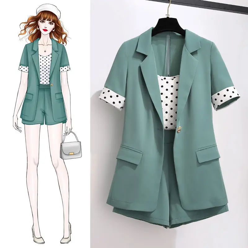 

2022 New Summer Women Three Piece Sets Office Polka Dot Tops + Shorts Solid Pants Female Work Ladies Suit Casual Plus Size L142