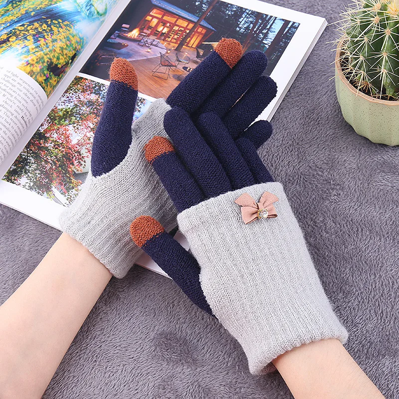 

Women's student bow Winter Touch Screen Gloves Thicken Warm Knitted Stretch Wool Full Finger Outdoor Skiing Glove