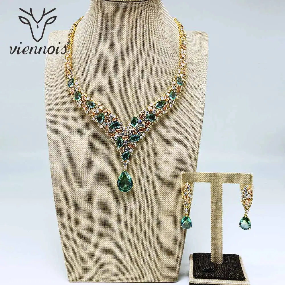 Viennois розовое золото и зеленый и красный цвет Висячие серьги смешанные цвета ожерелье Zricon набор украшений для женщин металлические вечерние ювелирные изделия