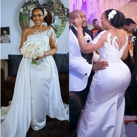 african satin mermaid wedding dresses detachable train appliques lace sheer one shoulder long sleeve plus size bridal gowns
